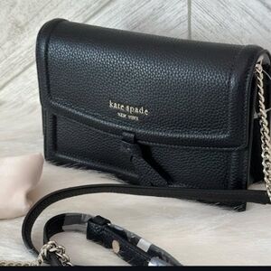 NWT Kate Spade KH154 Knott Flap Chain Leather Crossbody In Black